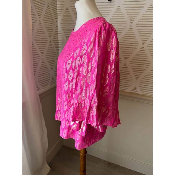 Lilly Pulitzer Medium Francis Flounce Silk Raz Berry Leopard Metallic Top Blouse - Picture 4 of 8